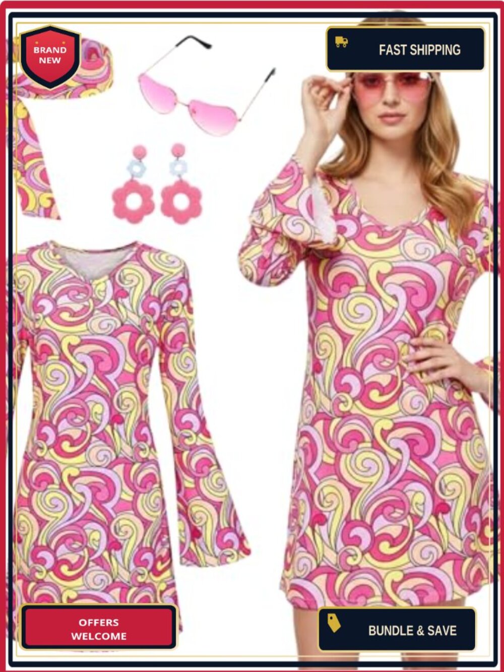 4 Pc 60s 70s Disco Costume Dress Headband Sunglasses Earrings Set